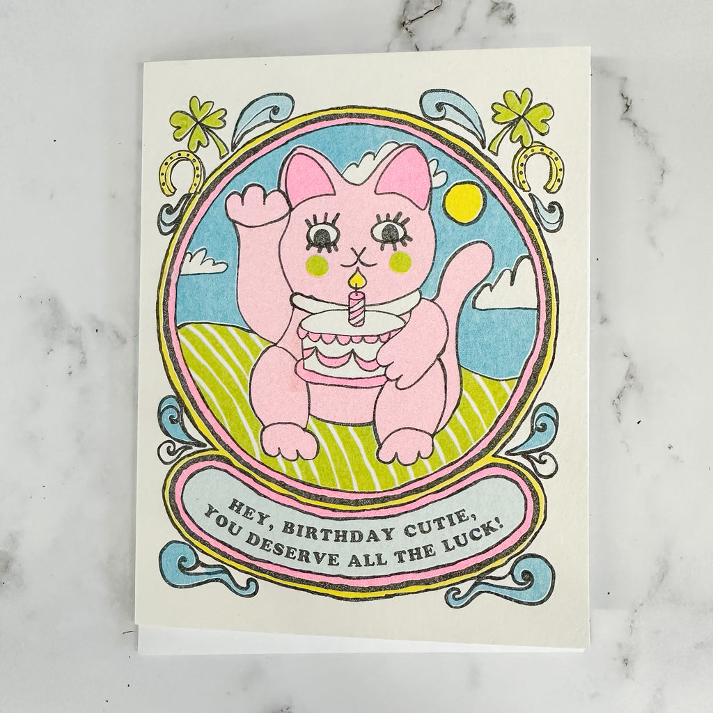 Hey Birthday Cutie, You Deserve All the Luck - Risograph Card by Yellow Owl Workshop - Lyla's: Clothing, Decor & More - Plano Boutique