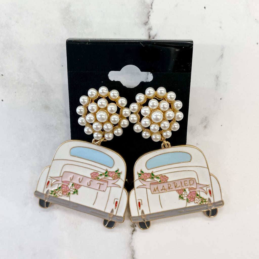 Peach Enamel Just Married Getaway Car Earrings in White & Pink - Lyla's: Clothing, Decor & More - Plano Boutique