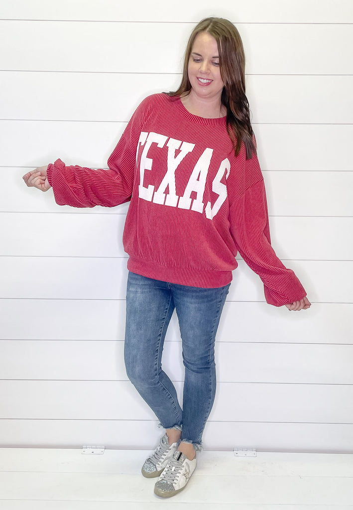 Texas Corduroy Graphic  Burgundy Sweater - Lyla's: Clothing, Decor & More - Plano Boutique