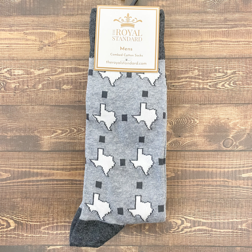 Grey and White Texas Print Mens Socks - Lyla's: Clothing, Decor & More - Plano Boutique