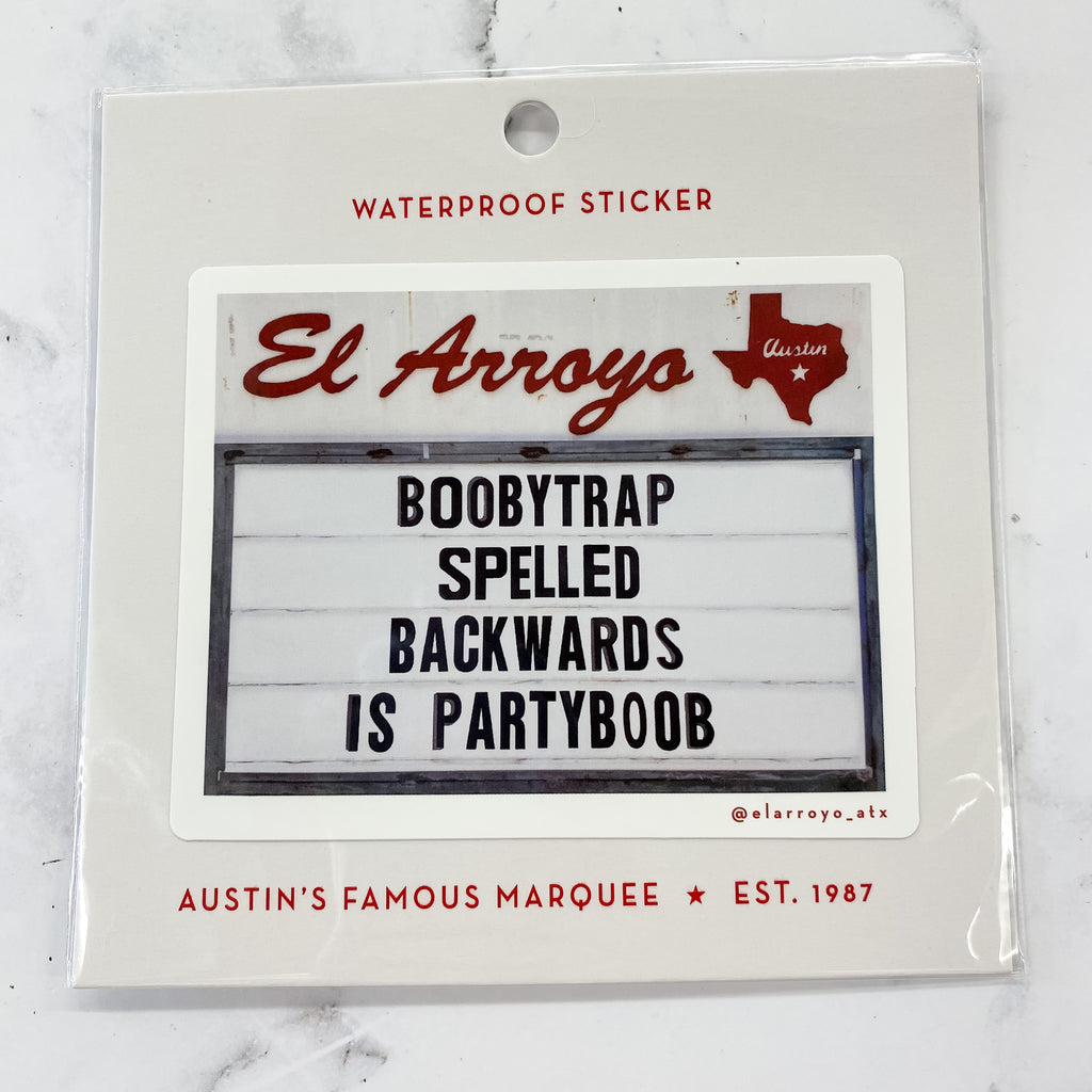 Boobytrap Spelled Backwards is Partyboob Sticker by El Arroyo - Lyla's: Clothing, Decor & More - Plano Boutique
