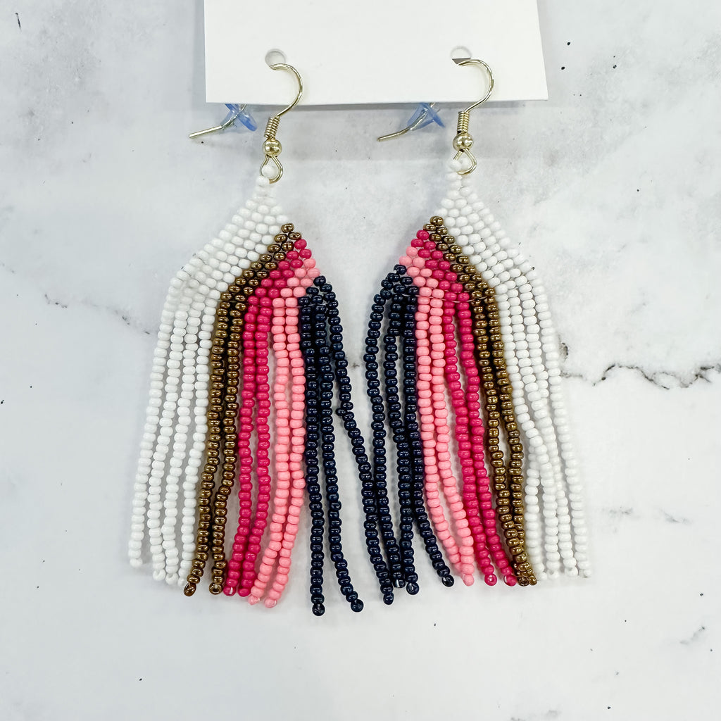 White Pink Navy Vertical Stripe Fringe Earrings by Ink & Alloy - Lyla's: Clothing, Decor & More - Plano Boutique