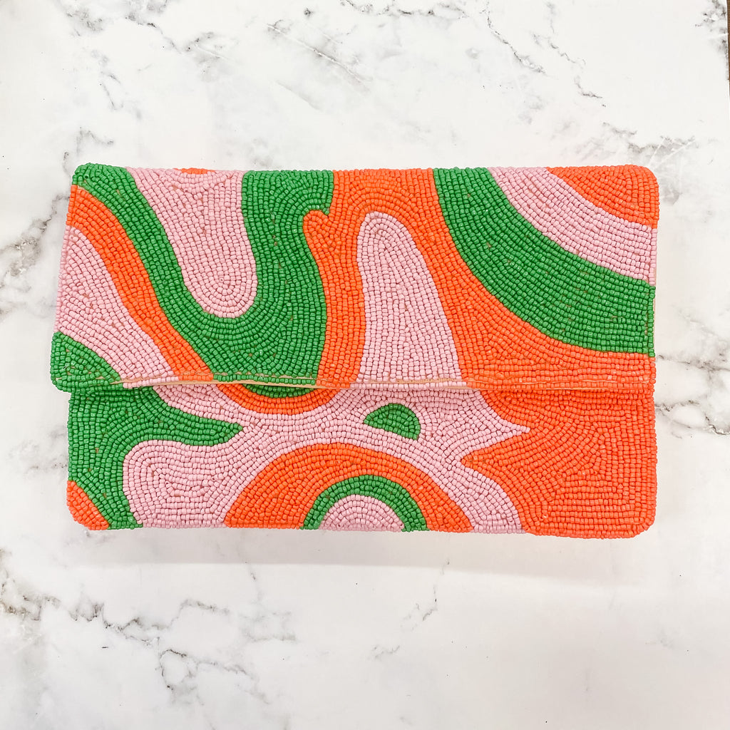 Coral, Green and Pink Wave Print Beaded Bag - Lyla's: Clothing, Decor & More - Plano Boutique