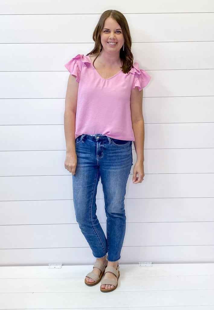 Bubble Pink Ruffle Sleeve V Neckline Top - Lyla's: Clothing, Decor & More - Plano Boutique